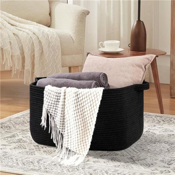 Large Black Woven Blanket Basket Cotton Rope Storage Bin for Toys Towels Laundry - Picture 2 of 8